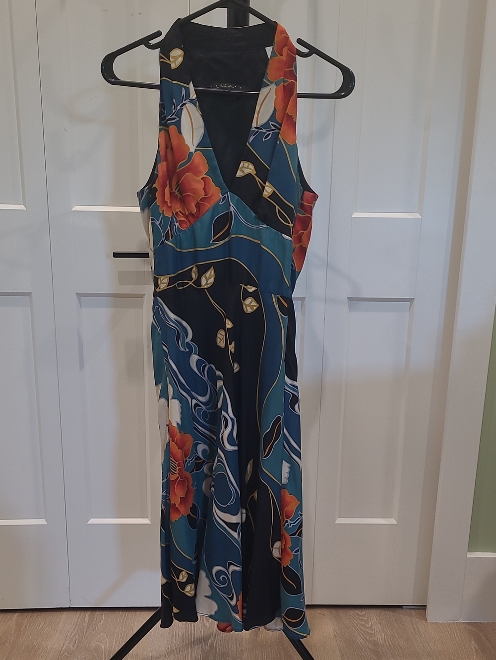 Laundry By Shelli Segal 100% Silk Teal & Orange Floral Halter Midi Dress